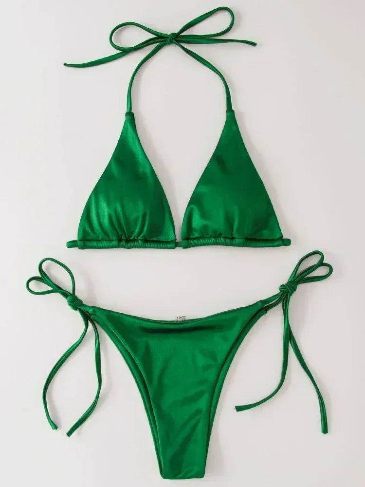 Metallic Satin Bikini Damen – Wrap Around Halter Zweiteiler